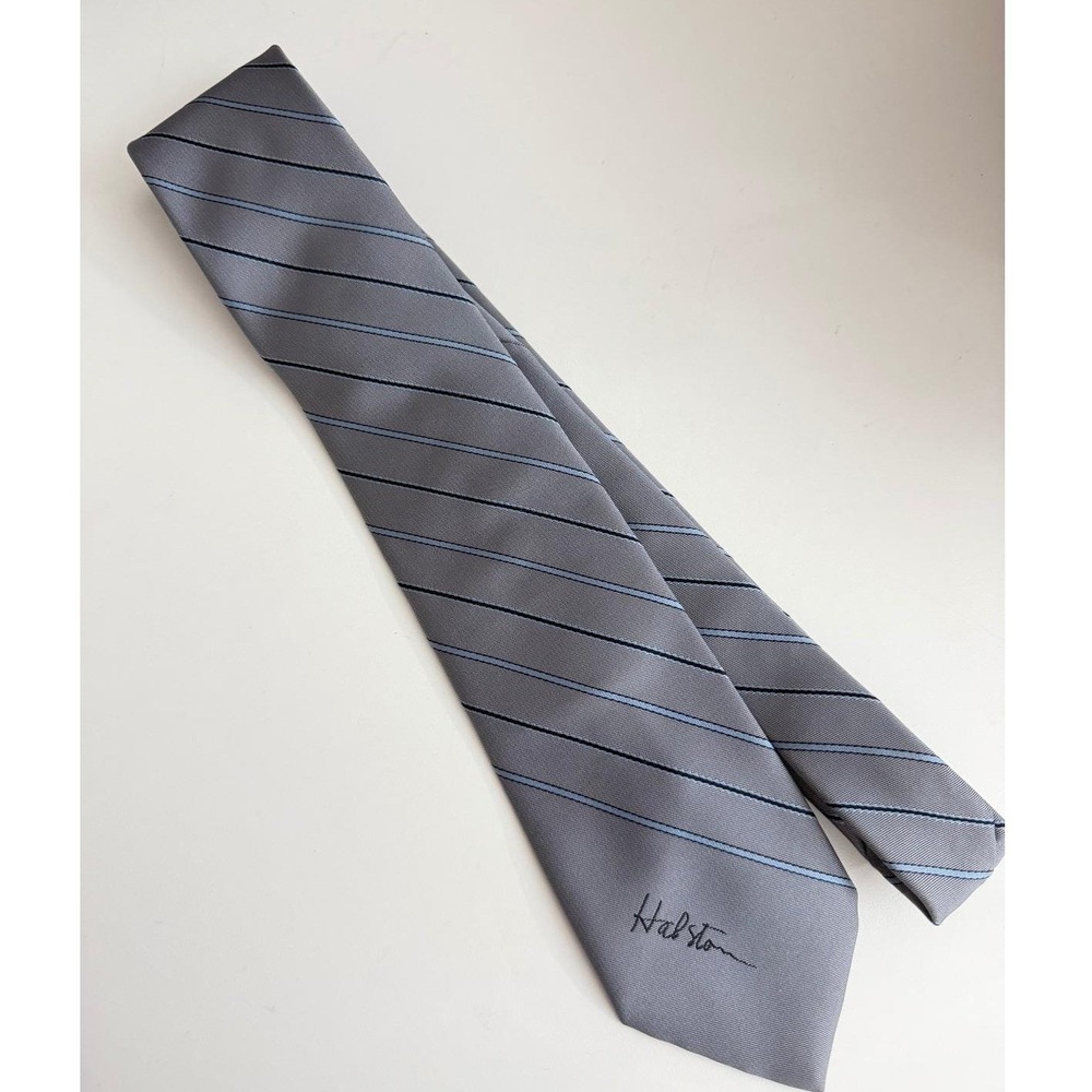 Halston Vintage Mens Silk Tie Gray Navy Blue Diagonal Striped Designer Necktie